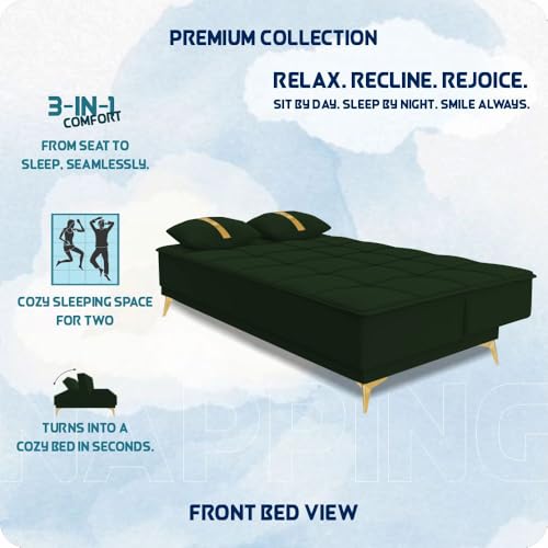 Image of Adorn India Premium New Alyssum 3 Seater Sofa Cum Bed 4X6 Velvet Suede with 2 Cushions (Color Green) and Suitable for All Indoor, with 3 Years Warranty