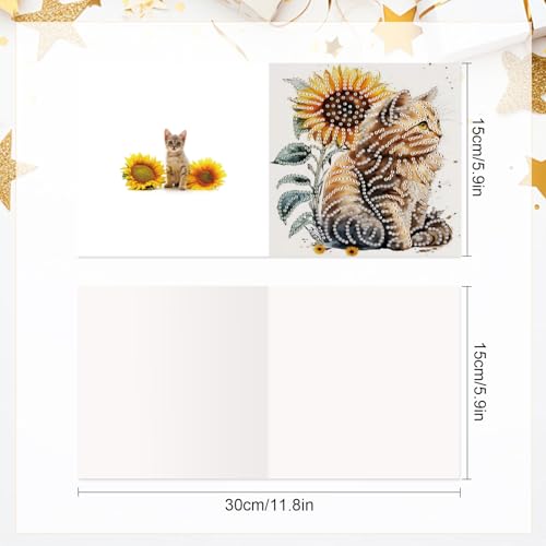 Image of AiYuanzsh 6-Pack 5D Diamond Painting Greeting Cards with Envelopes, Cat Sunflower Pattern DIY Crystal Rhinestone Diamond Art Cards, Laser Effect Postcards for Birthday, Thank You, and Gift Giving