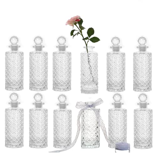 Set Of 12 Diamond Pattern Vases With Lids & Ribbon, Petite Bud Vases For Floral Arrangements, Weddings, Flowers, Home Decor Or Office #TOP1