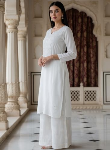 Image of Fashion Chikan Art Women's Lucknowi Premium Chanderi Silk Hand-Embroidered Chikankari Kurti & Palazzo Set | Elegant Festive & Casual Wear Ethnic Suit