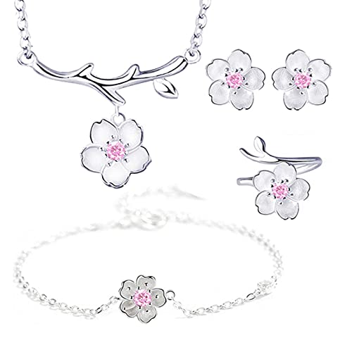HCMA Ensembles de Bijoux en Argent 925 Collier de Fleurs de Fleurs de Cerisier Romantique + Boucles d'oreilles + Bague + Bracelet pour Femmes Ensemble de...
