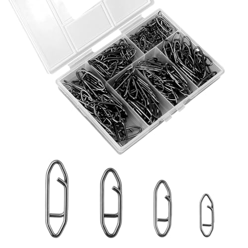 Tinoaly 200pcs Fishing Power Speed Clips, Black High Strength Stainless Steel Connector Swivels Snaps Tackle Quick Change Lure for Freshwater & Saltwater (SS/S/M/L 50pcs Each)