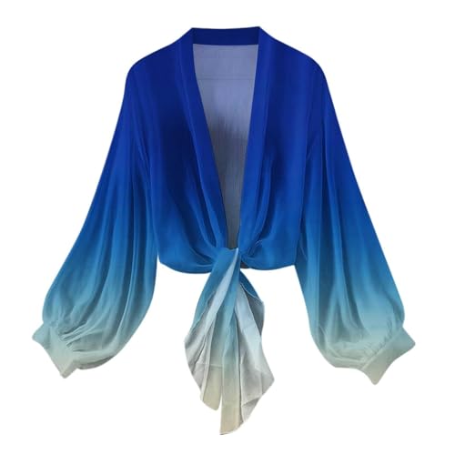 Chiffon Cardigan for Women 2025 Trendy Tie Front Crop Cardigans Long Puff Sleeve Cover Up Boho Beach Cover Ups