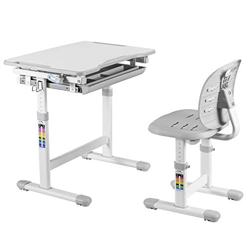 School Desk and Chair Set - Height Adjustable Children Study Table - Comfort Student Office Desks for Writing Homework - Small Art Workstation Kids (Grey)