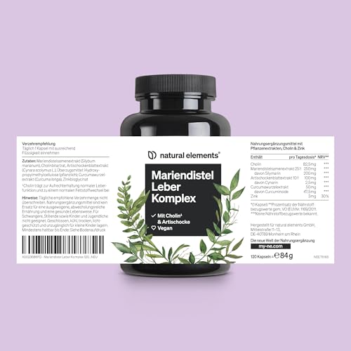 natural elements Mariendistel Leber Komplex - 120 Kapseln - mit Mariendistel, Cholin, Artischockenextrakt, Curcuma & Zink - Leberkur Hochdosiert, vegan, laborgeprüft und in Deutschland produziert