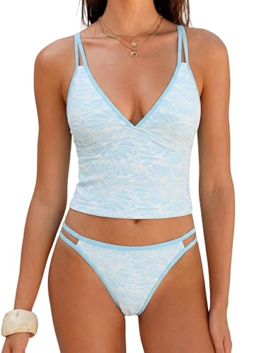 Image of ZAFUL Tankini Swimsuits for Women V Neck Dual Straps Cropped Bikini Swimsuit High Cut 2 Pieces Bathing Suit