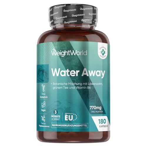 Water Away Kapseln - 11 in 1 Komplex für 3 Monate - Mit Apfelessig, Grüner Tee, Löwenzahn, Kalium, Paprika - 180 Entwässerungskapseln - Nur 2 Kapseln pro Tag - Vegan & Glutenfrei - WeightWorld