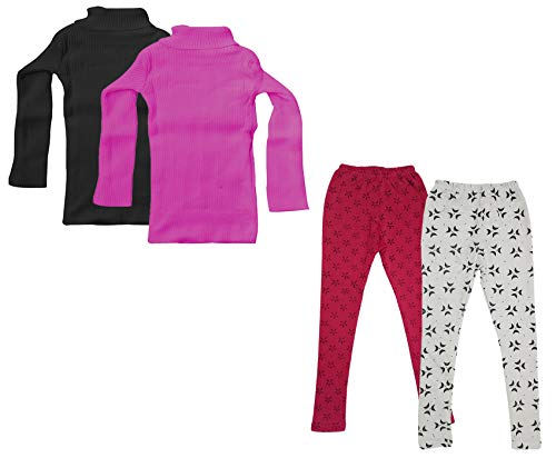 Image of IndiWeaves Girls Combo Pack- Winter Wear Wollen High Neck Sweater and Warm Printed Leggings (Pink,Black,White,Magenta,3-5 Years) Pack of 4