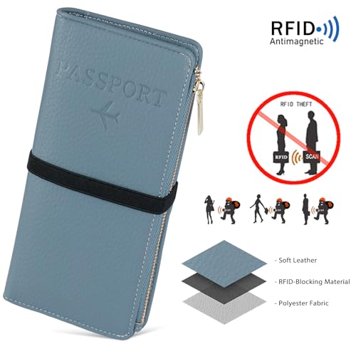 TIGARI Rfid Passport Wallet for Women, Travel Wallet Passport Holder for Travel, Leather Zipper Pocket Card Slots Purses, Travel Document Organizer Waterproof Travel Accessories (Blue)4