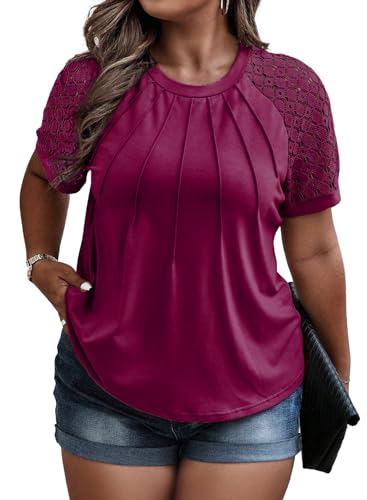 Image of Eytino Plus Size Tops for Women Summer Lace Short Sleeve Crewneck Loose Casual Blouse Tunic T Shirts(1X-5X)