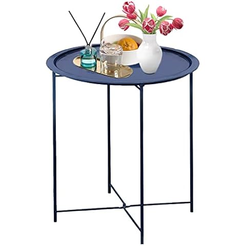 Folding Tray Metal Side Table Round End Table,Dark Blue Sofa Small Accent Fold-able Table, Round End Table Tray, Next to Sofa Table, Snack Table for Living Room and Bed Room Garden 5 you Cover
