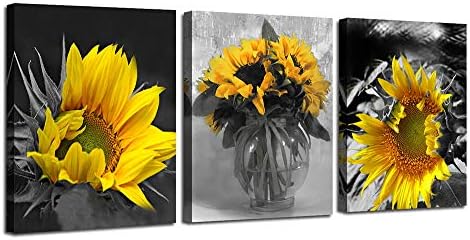 Ardemy Sunflower Painting Canvas Wall Art Yellow Flowers Prints, Summer Florals Black White Modern Pictures Framed for Bedroom Bathroom Living Room Spa Salon Home Office Wall Decor, 12"x16"x3 Panels