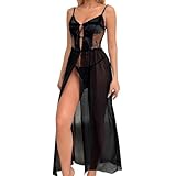 KOEMCY Dessous Damen Sexy Unterwäsche Langes Negligee Transparent Mesh Kleid Lingerie Spitze Trägerkleid Netzoberteil mit Schlitz Reizwäsche Set Babydoll Nachtwäsche mit Slip