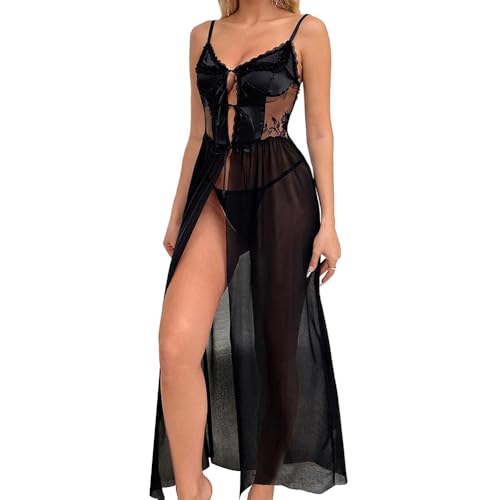 KOEMCY Dessous Damen Sexy Unterwäsche Langes Negligee Transparent Mesh Kleid Lingerie Spitze Trägerkleid Netzoberteil mit Schlitz Reizwäsche Set...