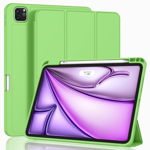 ZryXal New iPad Air 13 Inch Case M3 2025/M2 2024 with Pencil Holder, Trifold Stand Smart Case with Soft TPU Back,Auto Wake/Sleep(Grass Green)