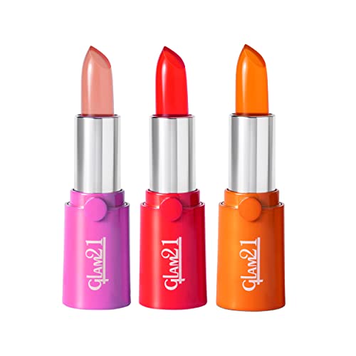 Image of Glam21 High Definition Lipstick | Lightweight & Ultra-Moisturizing Lip Color | Gel-Based Creamy Formula | Smooth Application & Vibrant Finish | Long-Lasting |3.6gm Each, Orange, Pink & Red -Pack Of 3