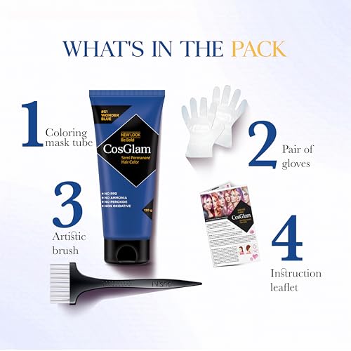 Image of Cosglam Semi Permanent Hair Color for Women & Men - Model #51 Wonder Blue (120 g) | Vegan Hair Dye with Conditioner | No Ammonia, No Peroxide, Non-Oxidative | Glossy Finish