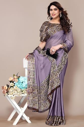 Image of MIRCHI FASHION Saree for Woman Chiffon Georgette Solid with Contrast Border | Lightweight Daily Wear Women's Sari and Printed Blouse Piece