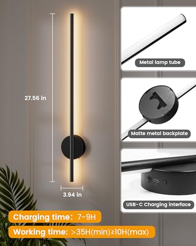 Image of NIORSUN 28 Inch Battery Operated Wall Sconce Set of 2, 360 Rotation Dark Black Rechargeable Wall Lights with Detachable Tube and Remote, 3CCT Dimmable Wall Lamp for Living Room Bedroom Hallway
