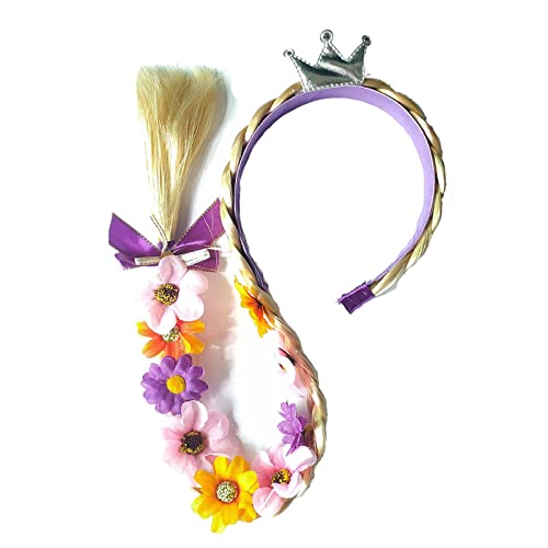 Soochat Tiara de peruca trançada longa princesa Rapunzel com tiara e flores adornadas, perucas de pr