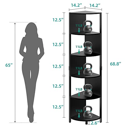 YITAHOME 6-Tier Corner Shelf, 68.8" Tall Modern Free Standing Zigzag Corner Bookshelf, 6 Shelf Display Corner Bookcase Open Small Book Shelves for Living Room, Home Office, Small Space, Black