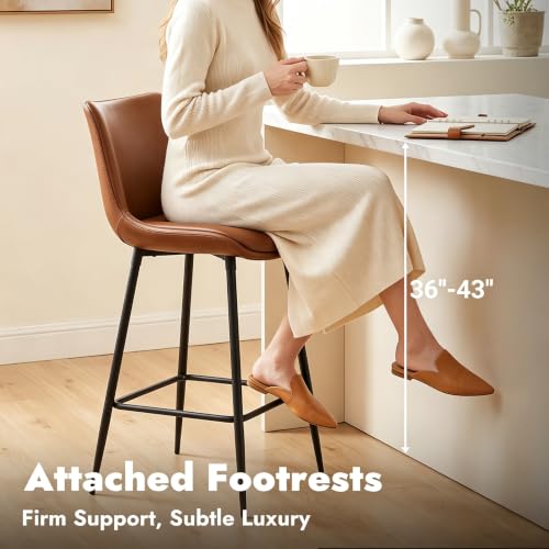 Image of Counter Height Bar Stools Set of 3, FSC Certified Upholstered Faux Leather Barstools with Back, Metal Base, 27 inch Seat Height, Modern Upholstered Counter Stools for Kitchen Island,(Walnut Brown