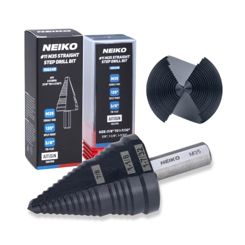 Image of NEIKO 10634B Step Drill Bit, 3 Steps 7 /8 inch to 1-7 /32 inch Straight M35 Cobalt, AlTiSiN Coated, 3 /8 inch Tri-Flat Step Bits for Steel, Metal, Wood, Plastic, Unibit Cone Drill Bits, Two Flute