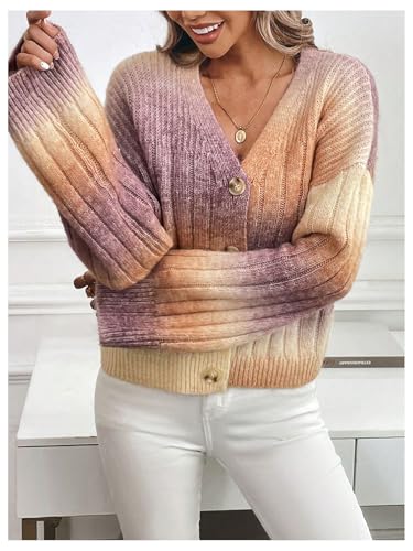 Image of MakeMeChic Women's Colorful Chunky Cropped Cardigans Button Down Long Sleeve Drop Shoulder Rainbow Sweater Khaki Large