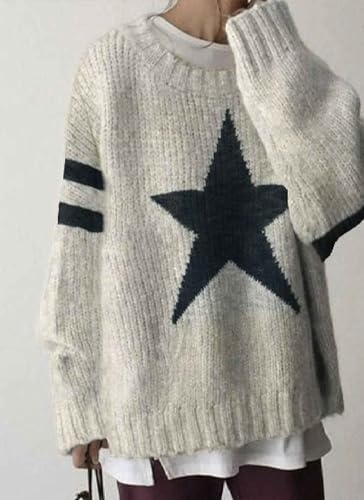 Women's 2024 Fall Fashion Long Sleeve Pullover Knit Star Patterned Crewneck Oversized Sweaters Trendy Outfits Gray2