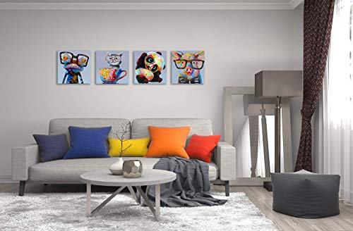 Modern Animal Canvas Print Wall Art Contemporary Panda Happy Frog Cat With Glasses Painting Artwork 4 Panles Picture For Bedroom Kids Room Ready To Hang #TOP6