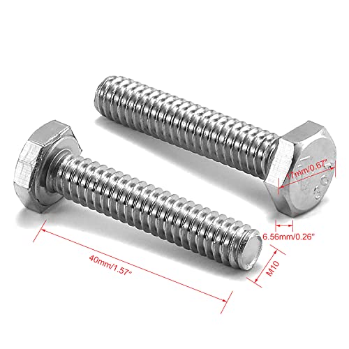 Image of M10 Hex Bolt, M10-1.5 x 40mm Hex Head Screw Bolts, 304 Stainless Steel, Fully Threaded, Plain Finish, Hex Tap Bolts 5Pcs(M10x40mm)