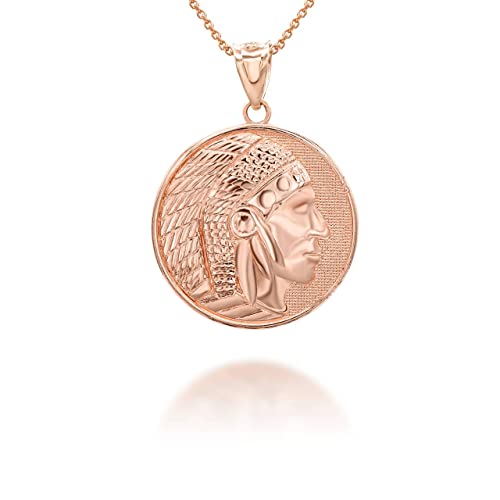 14K Yellow, White, or Rose Gold Round Native American Apache Indian Chief Head Coin Medal Pendant Necklace - Choice of Metal