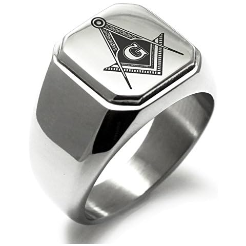 Tioneer Jewelry | Stainless Steel Freemasons Masonic Symbol Initial Ring | Square Flat Top Ring for Men & Women | Stainless Steel Jewelry, Silver - Royal Compass, Size 12 Cover