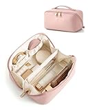 BAGSMART Makeup Bag Travel Cosmetic Bag, Large Make Up Bag Flat Open Toiletry Bag for Women, Waterproof PU Leather Travel Essentials Organizer Case, Wide-open Pouch Purse for Skincare, Brushes, Pink