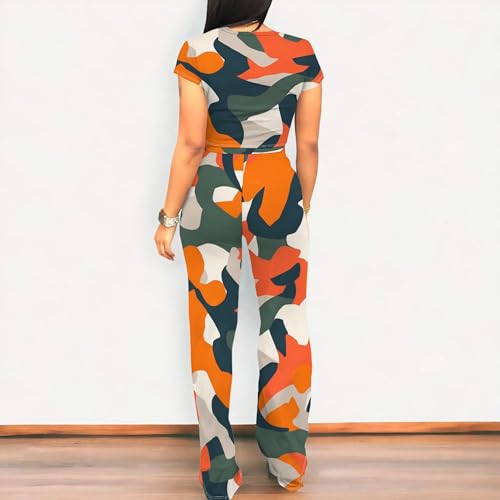 Qumaesl Conjunto de duas peças feminino de boliche, estilo camuflado, estampado, gola redonda, top c