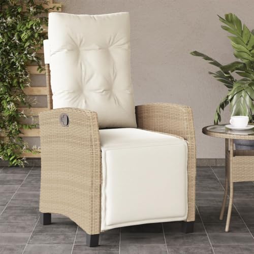 Festnight Sillón Reclinable de Mimbre para Exteriores con Cojines, Sillón Reclinable Jardín, Sofá de Ratán Ajustable Automático, Resistente a los Rayos UV,Beige(con reposapiés)