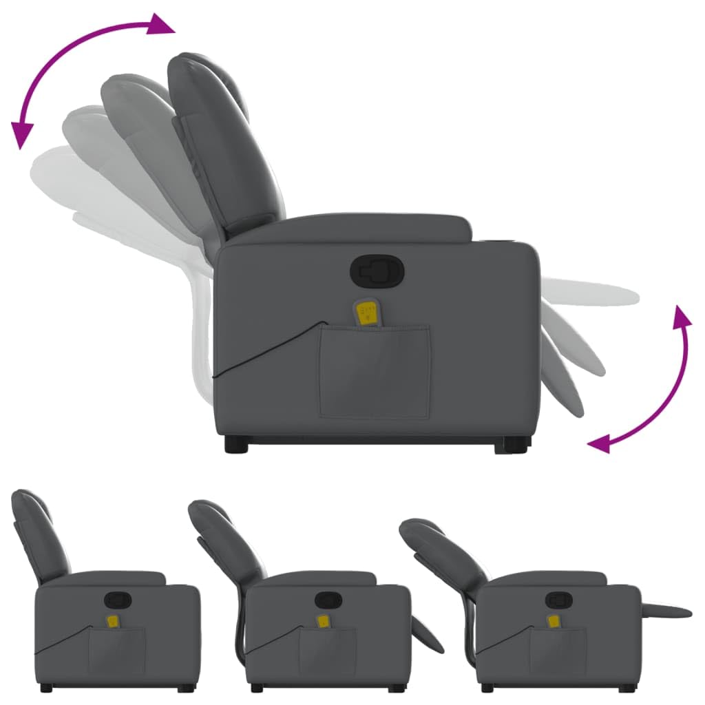 Sillón elevador reclinable con masaje por vibración, color gris piel sintética, función de elevación eléctrica y reclinación manual, 6 puntos de masaje, estructura estable