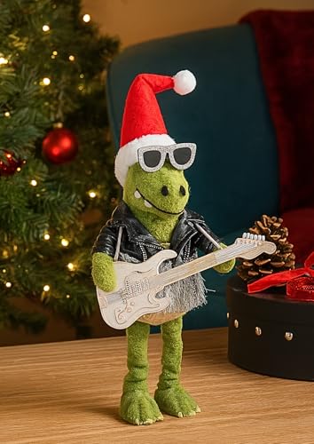 Marco Paul Rockin' T Rex Dinosaur Christmas Decorations - 35cm Freestanding Plush Dino with Santa Hat - Green Christmas Decor For Xmas Shelf Decorations, Home Decor, Xmas Table Decoration & Gifts