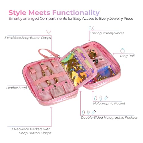 Travel Jewelry Organizer Case with Zipper and Mirrored Charm, Small Portable Jewelry Storage Bag for Rings, Necklaces, Earrings, Travel Pouch, Travel Gift for Her, Holographic Pink4