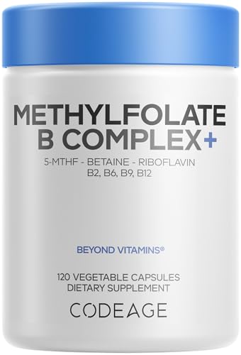 Codeage Methylfolate B Complex Supplements - 5 MTHF, Methylcobalamin 1000mcg Methylated Vitamin B12, Riboflavin, Betaine, Vitamins B6, Methylation Cycle MTHFR - 2 Months - 120 Capsules