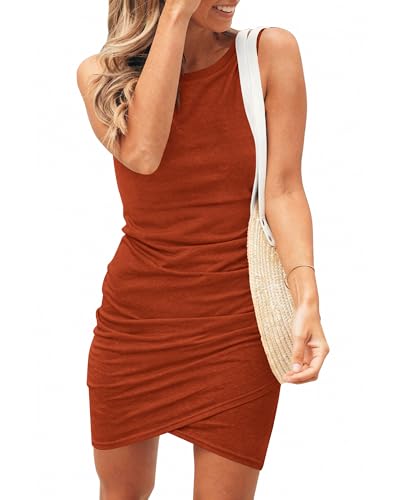 BTFBM Women Summer Dresses 2026 Sleeveless Tank Ruched Bodycon Sundresses for Women Party Beach Mini Casual Spring Dress(Red Khaki, Small)