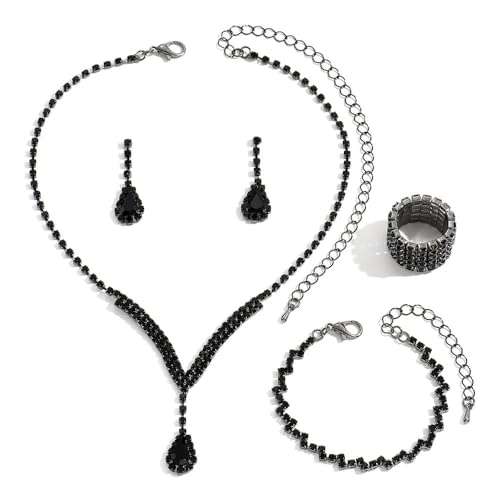 FDEETY Parure Bijoux Goutte Cristal Collier Boucles D'oreilles Bracelet Bague Extensible Strass Brillants Ensemble Accessoires Femme