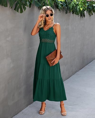 Image of Dokuritu Women's Beach Crochet Lace Maxi Dress Solid Color Summer Vacation Wedding Guest Spaghetti Strap Long Dress