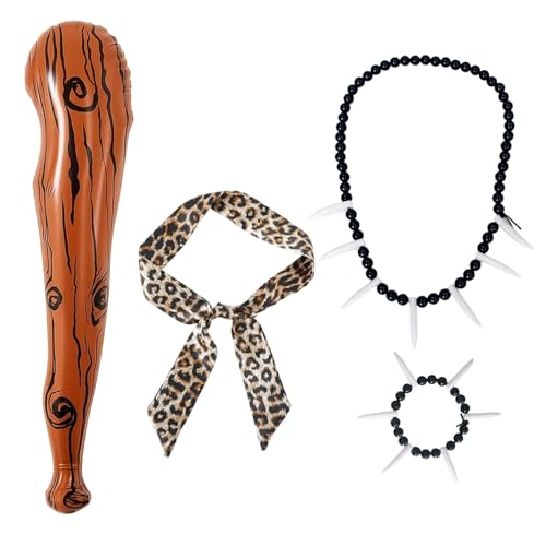 SNBUHA 4 Pieces Caveman Costume Accessories Adult, Inflatable Wooden Stick and Headband Ivory Bracelet Necklace, Stone Age Themed Decoration for Halloween Cosplay Accessory
