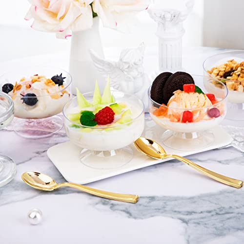 WDF 7oz Clear Dessert Cups Disposable - 96 Pack Dessert Cups With Mini Gold Spoons Plastic Parfait Cups Medium to Large 48 Ice Cream Plastic Cups & 48 Gold Tasting Spoons for Weddings & Party