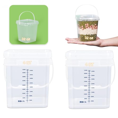 UMETASS 1Gal Clear Square Bucket with Airtight Lids, BPA-Free Food Storage Container for Kitchen Pantry, Meal Prep, Snack, Rice, Flour, Pet Food - Transparent Bucket with Scale Marks (2x4 Qt, 2x1 Qt)