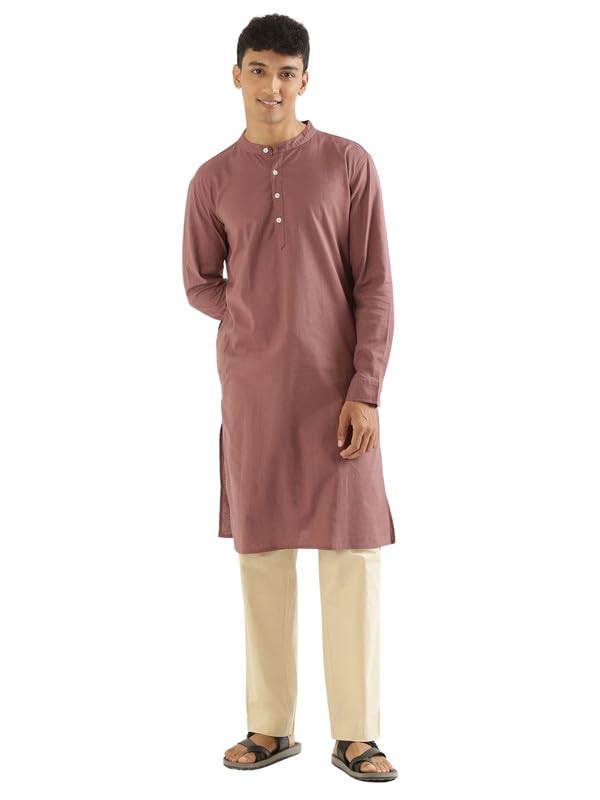Image of SAADAA Men's Long Kurta - Linen Cotton Blend, Airy Fabric, Regular Fit, Mandarin Collar, Solid Color - Casual, Festive & Ethnic Wear