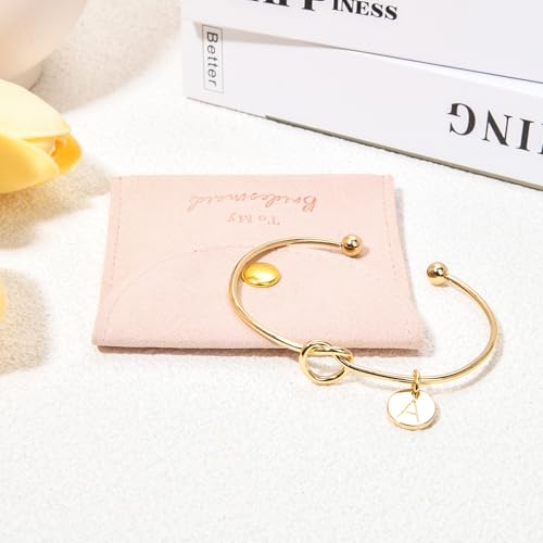 Image of Knot Bracelet Bridesmaid Gifts Initial Bracelet & Microfiber Jewelry Bags Pouch Bridesmaid Proposal Gifts for Wedding Day Bridesmaid Jewelry Bridal Party Gifts (Pink Gold R)