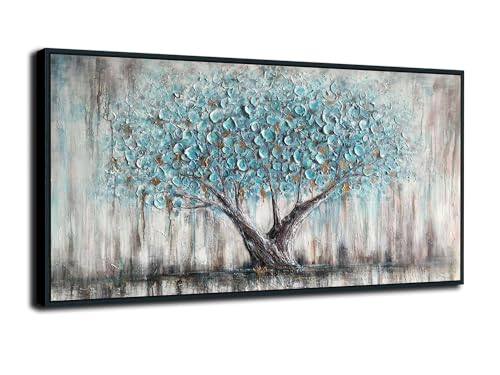 Image of Arjun Framed Blue Tree Canvas Wall Art for Living Room Tree of Life Abstract Bedroom Textured Painting, Nature Picture Landscape Artwork Home Office Decor, Black Wood Large 40 inchx20 inch