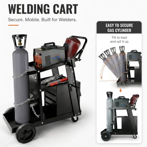 Image of Welding Cart, 2-Tier 4-Drawer Welder Cart with 265LBS Load Capacity, Dual Cylinder Slots & Safety Chains, 360 Swivel Wheels, Heavy Duty Rolling Cart for MIG Welder & Plasma Cutter